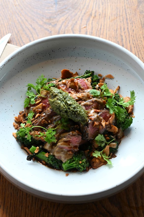Porterhouse steak with mushroom duxelles, broccolini and peppercorn.