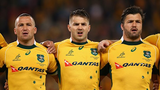 Matt Giteau, Drew Mitchell and Adam Ashley-Cooper before a Test against South Africa in 2015. 