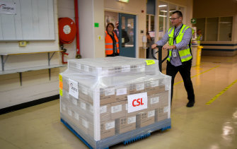 Locally made doses of the AstraZeneca vaccine at CSLâ€™s Parkville facility in Melbourne.