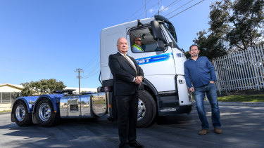 Victorian Transport Association chief executive Peter Anderson (left) and Maribyrnong Action Transport Group secretary Martin Wurt with a new truck equipped with a Euro 5 engine.