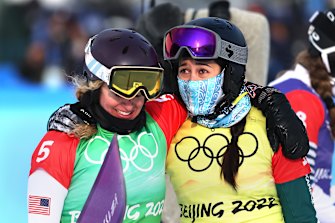 Belle Brockhoff (right) congratulates gold medallist Lindsey Jacobellis of the US.