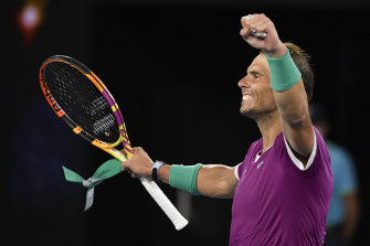 A jubilant Rafael Nadal celebrates his win over Karen Khachanov. 