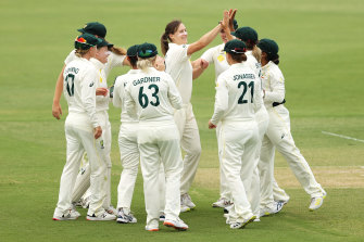 Australia’s women’s team wears their white outfits in the January Ashes Test against England.