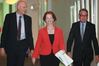Education Minister Peter Garrett, Prime Minister Julia Gillard and David Gonski at the release of his review at Parliament House in 2012.