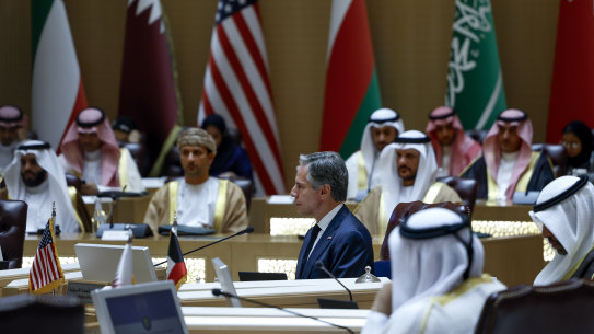 US Secretary of State Antony Blinken, centre, and other officials discuss the humanitarian crises faced in Gaza, in Riyadh, Saudi Arabia.