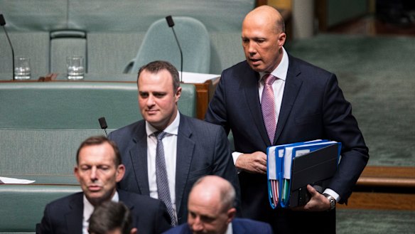 Peter Dutton on the backbench in Question Time. 