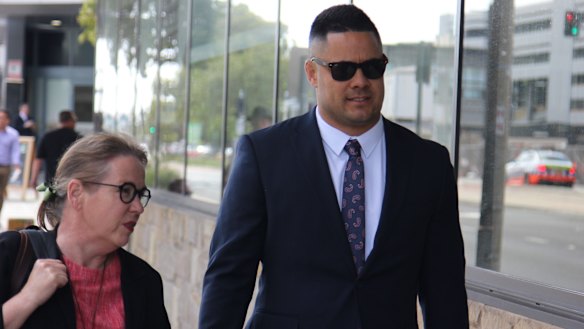 Jarryd Hayne arrives at Newcastle District Court on Tuesday with his lawyer Penny Musgrave.
