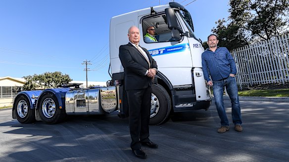 Victorian Transport Association chief executive Peter Anderson (left) and Maribyrnong Action Transport Group secretary Martin Wurt with a new truck equipped with a Euro 5 engine.