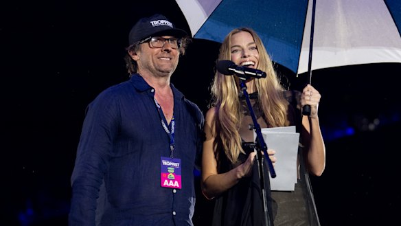 Festival director John Polson and jury president Margot Robbie announce the winners at Tropfest in Centennial Park in February.
