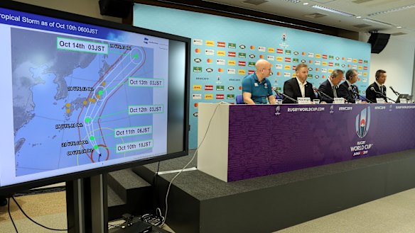 Rugby World Cup tournament chiefs demonstrate the potential impact of Typhoon Hagibis in Tokyo on Thursday.