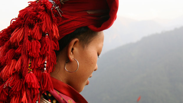 Traditional head wear of the Red Dzao hill tribe in north-west Vietnam. 