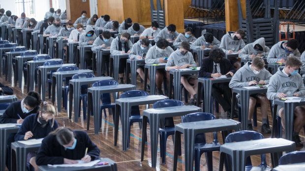 VCE students sit for assessments at McKinnon Secondary College on Wednesday. 