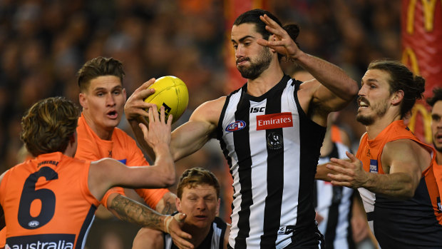 Collingwood ruckman Brodie Grundy in action on Saturday night.