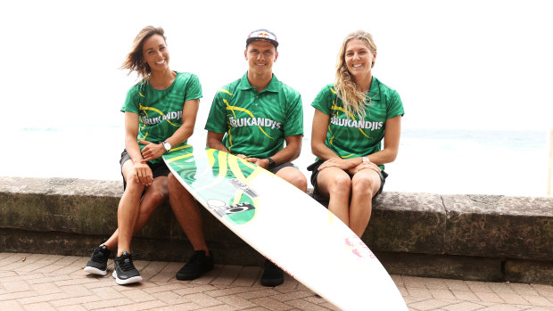 Australia’s Olympic surfers Sally Fitzgibbons, Julian Wilson and Stephanie Gilmore.