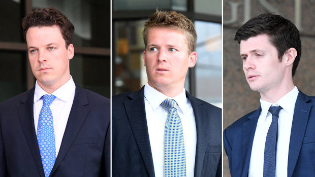 Dominic Walker, Sam Walker and Benjamin Fitt departing the Melbourne Magistrates Court on Tuesday.
