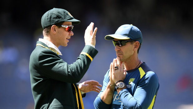 Australian captain Tim Paine with coach Justin Langer in Perth on Friday.