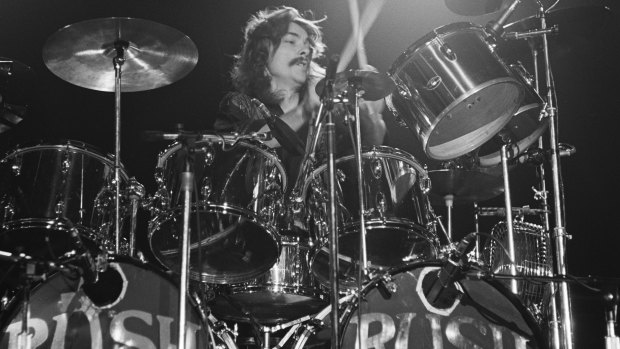 Drummer Neil Peart performing with Canadian progressive rock group, Rush, in Springfield, Massachusetts, in 1976.