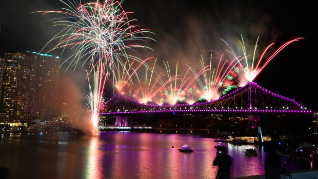 Fireworks over the Story Bridge and the Brisbane skyline during a recent Riverfire display.