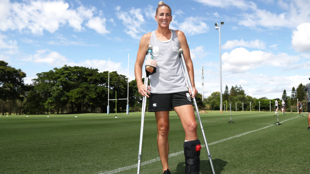 Brigginshaw sported crutches on Friday at the Jillaroos' first camp ahead of the World Cup next year.