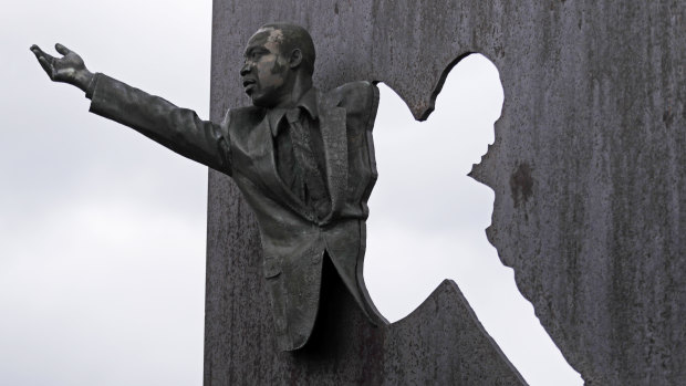 A sculpture of Martin Luther King Jr, part of the memorial "Landmark for Peace" commemorating the site where Robert Kennedy delivered his words on the night of King's assassination in Indianapolis.