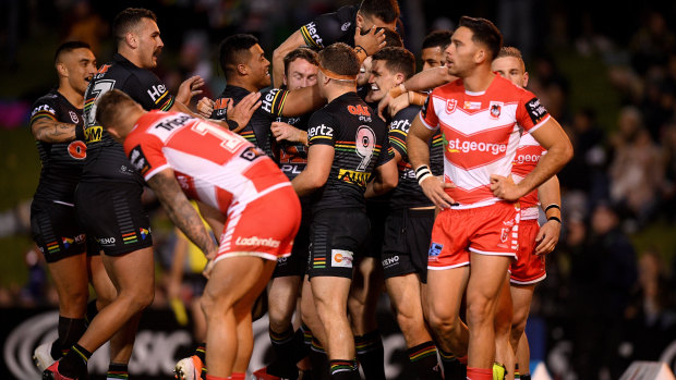 The Panthers celebrate Nathan Cleary's try.