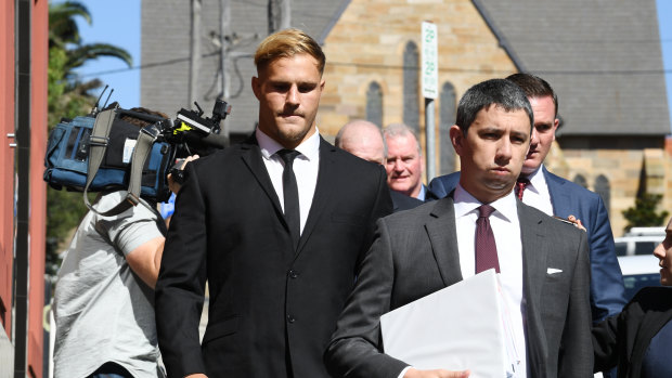 In court: St George Illawarra's Jack de Belin leaves Wollongong Local Court in February.