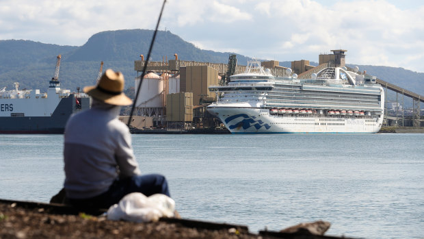 The controversial Ruby Princess cruise ship at Port Kembla on Sunday. 