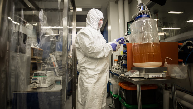 The CSIRO's Professor George Lovrecz with a fermenter where proteins for one of the Australian vaccines will be grown.