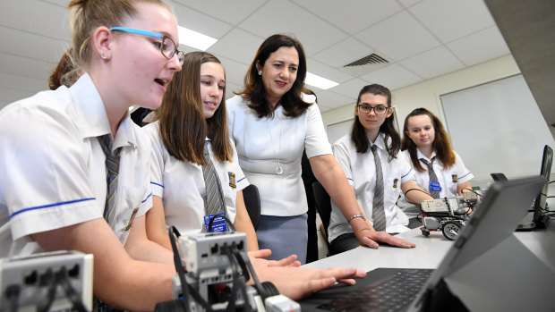 Queensland Premier Annastacia Palaszczuk (centre) visits the Bremer State High School in Ipswich, west of Brisbane. 