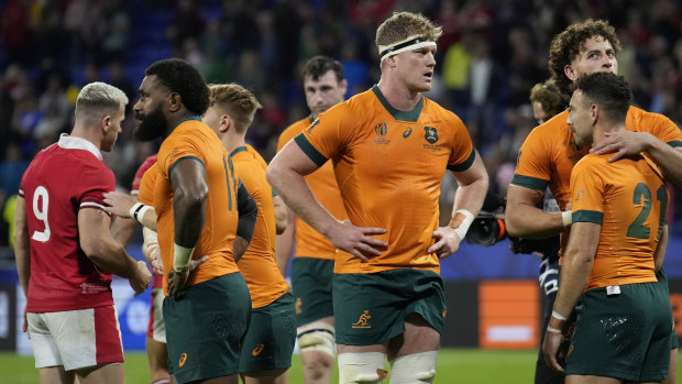 Wallabies players after their loss against Wales in the World Cup in Lyon.