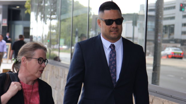 Jarryd Hayne arrives at Newcastle District Court on Tuesday with his lawyer Penny Musgrave.
