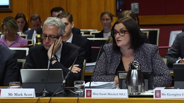 Secretary of the Department of Education Mark Scott (left) and the Minister for Education Sarah Mitchell (right) at the NSW Budget Estimates on Tuesday. 