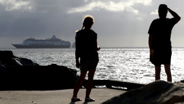 The Vasco da Gama cruise ship is seen arriving in Fremantle harbour in Fremantle on March 28.