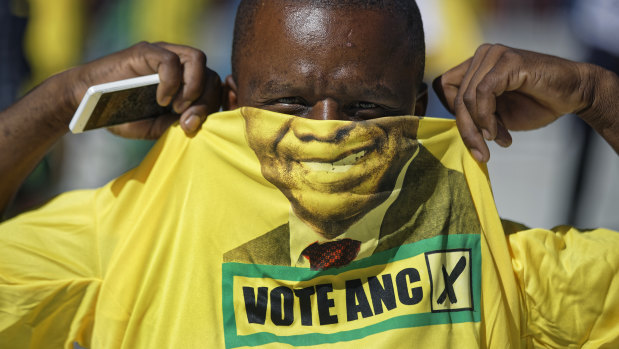 A supporter of the ruling African National Congress (ANC) in a President Cyril Ramaphosa T-shirt at an election rally at Ellis Park in Johannesburg on Sunday.