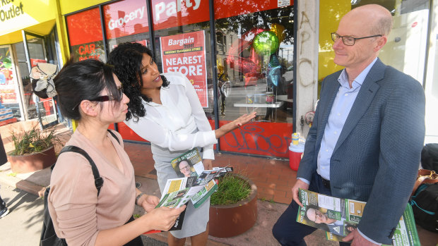 The Greens' leader Samantha Ratnam and Brunswick candidate Tim Read campaigning in the seat.