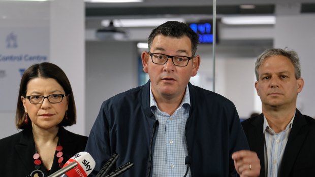 Victorian Premier Daniel Andrews (centre) with Victorian Health Minister Jenny Mikakos and the Chief Health Officer Brett Sutton 