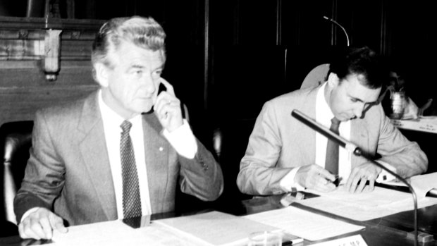 "Economic genius": Then prime minister Bob Hawke, left, and treasurer Paul Keating at the opening day of the National Economic Summit in Canberra on April 11, 1983.