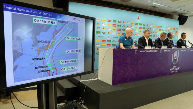 Rugby World Cup tournament chiefs demonstrate the potential impact of Typhoon Hagibis in Tokyo on Thursday.