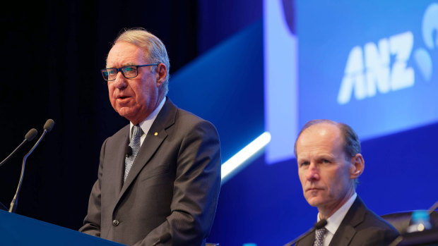 ANZ chairman David Gonski and CEO Shayne Elliott at the bank's AGM in Perth on Wednesday. Shareholders also registered a strong 34 per cent vote against the remuneration report.