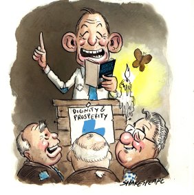 Tony Abbott flanked by John Howard and Alexander Downer.