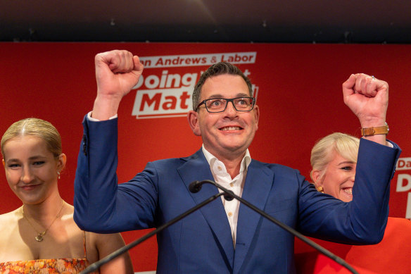 A triumphant Daniel Andrews celebrates Labor’s historic re-election to a third term.
