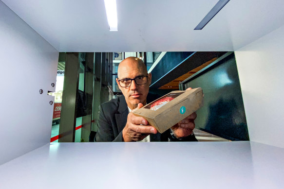 Foodifox co-founder Tim Pagram with one of the company’s food delivery lockers at UniLodge in Elizabeth Street in Melbourne’s CBD. 