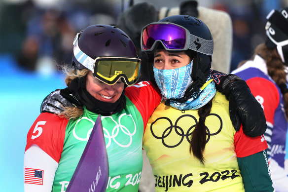 Belle Brockhoff (right) congratulates gold medallist Lindsey Jacobellis of the US.
