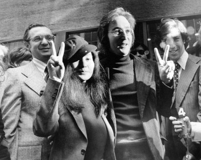 John Lennon and Yoko Ono with attorney Leon Wildes as they leave the Immigration and Naturalisation Service, New York, 1972.
