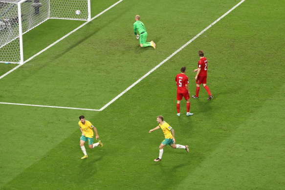 Mathew Leckie celebrates his goal against Denmark.