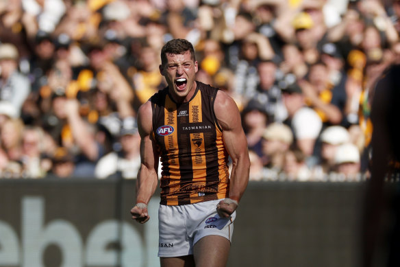 Ruckman Lloyd Meek celebrates Hawthorn’s late-season rise into the final eight