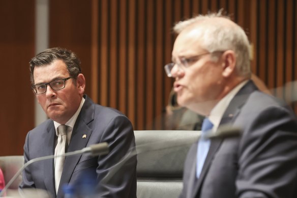 Premier of Victoria Daniel Andrews and Prime Minister Scott Morrison during a national cabinet press conference at Parliament House in Canberra on  Friday 