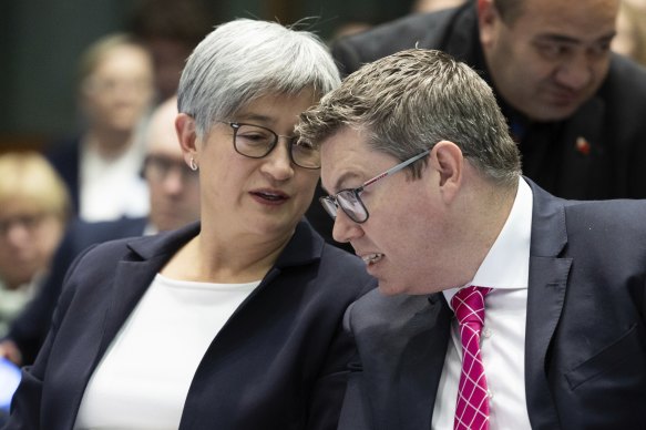 Minister for Foreign Affairs Penny Wong and Minister for International Development and the Pacific Pat Conroy during an event to launch Australia’s international development policy in August.