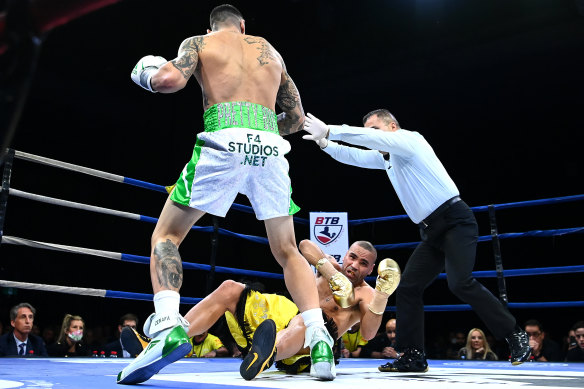 Sad end: Michael Zerafa knocks out Anthony Mundine in the first round earlier this month