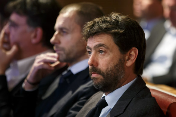 UEFA president Aleksander Ceferin, center, with breakaway founder and Juventus chairman Andrea Agnelli.
